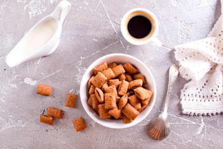 sweet crunchy chocolate breakfast in bowl on a white background.の写真素材