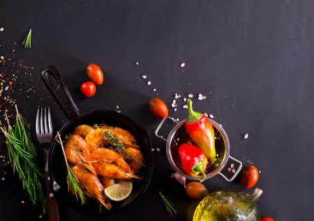 Grilled shrimps with greens and garlic in a pan on a tableの写真素材