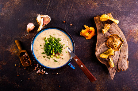 cream soup with dried mushrooms on stone backgroundの写真素材