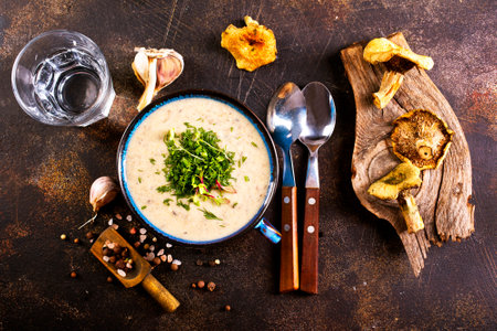 cream soup with dried mushrooms on stone backgroundの写真素材