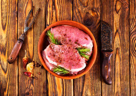 raw meat with spice on plate on a tableの写真素材