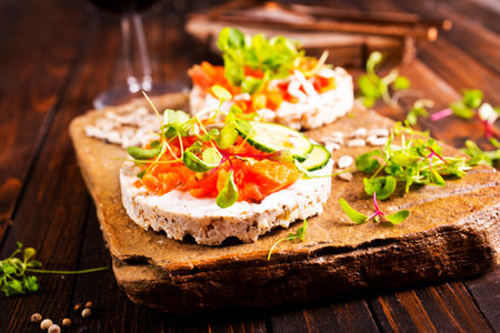 diet bread with salmon and cheeseの写真素材