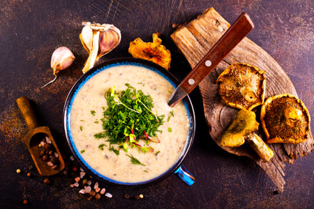 cream soup with dried mushrooms on stone backgroundの写真素材