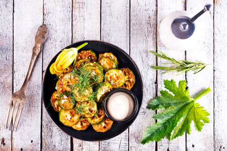 Oven roasted zucchini with garlic and greensの写真素材