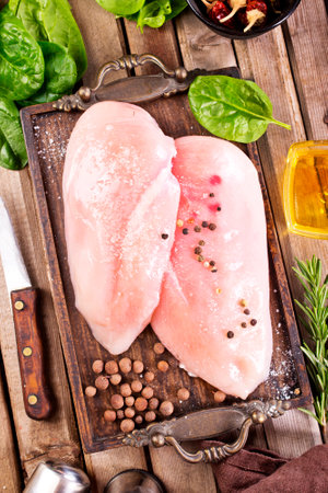 Fresh chicken breast fillet on a wooden table with spices and fresh greensの写真素材