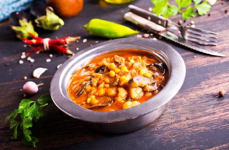 Vegetable stew. Hot foodstuff. Top view photo.の写真素材