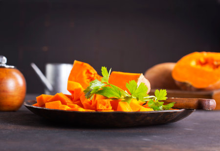 Autumn pumpkin on plate on dark backgroundの写真素材