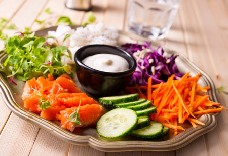 fresh salmon with Vegetables and Sour Cream Sauceの写真素材