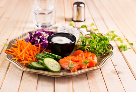 fresh salmon with Vegetables and Sour Cream Sauceの写真素材