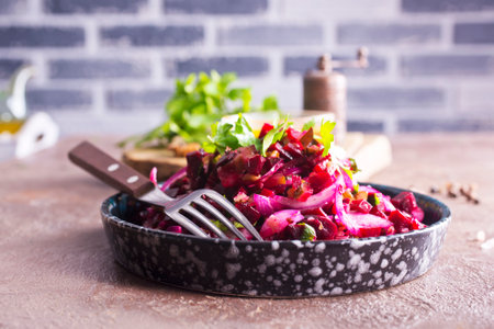 Vinegret- traditional Russian beet salad and vegetables.の写真素材