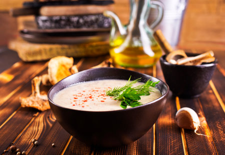 Musroom soup served with parsley leaf in bowlの写真素材