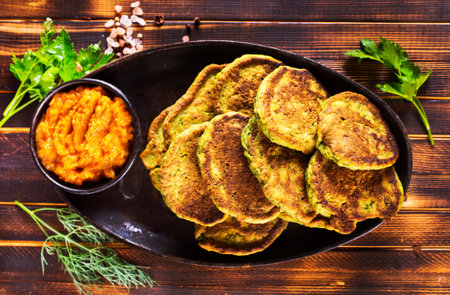 Rustic Autumn Meal Pancakes from Zucchini on plate. Vegetarian Diets.の写真素材