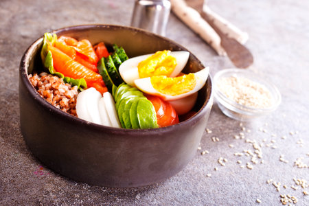 Healthy vegan nutritious bowl with buckwheat.の写真素材