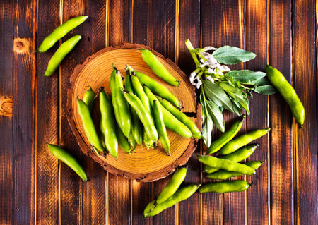 Green beans close up top view background. fresh beansの写真素材