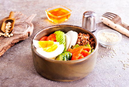 Healthy vegan nutritious bowl with buckwheat.の写真素材