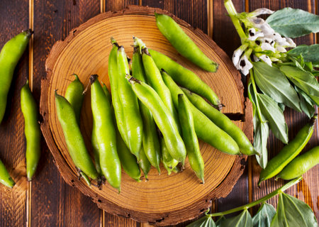 Green beans close up top view background. fresh beansの写真素材