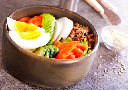 Healthy vegan nutritious bowl with buckwheat.の写真素材