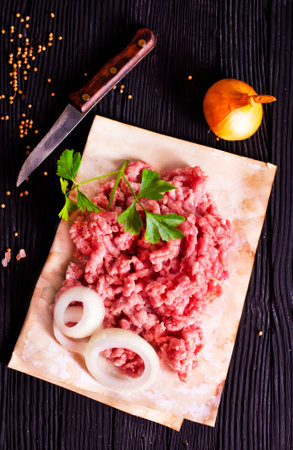 Fresh Raw Beef Minced Meat with salt, pepper, onionの写真素材