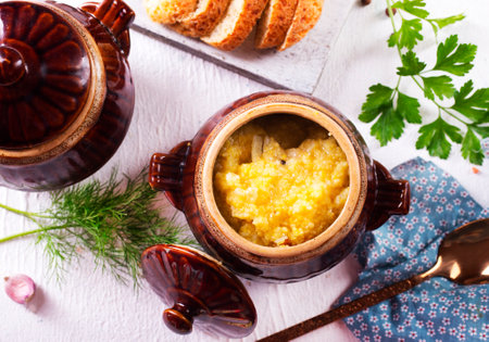 corn porridge with spice and chicken filletの写真素材