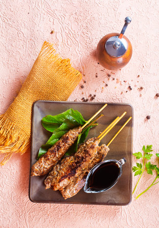 Grilled Lula kebab on skewers with spicesの写真素材