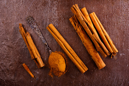 cinnamon powder on a table, aroma spiceの写真素材