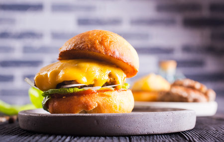 Cheese beef burger with a lettuce. Burger with meat. Junk fast food. Cooking a burger at home.の写真素材