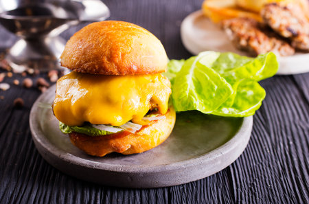 Cheese beef burger with a lettuce. Burger with meat. Junk fast food. Cooking a burger at home.の写真素材
