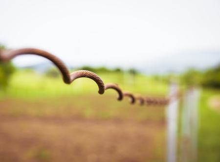 Metal wire enclosing a pasture, closeup photoの写真素材