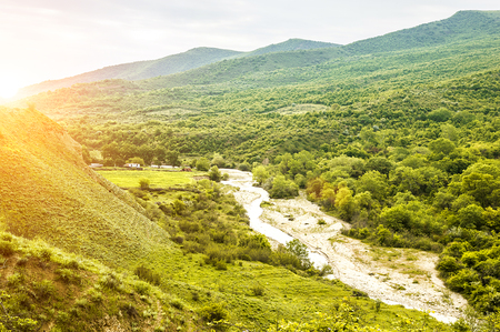 View of the forest mountains and river, Shabran, Azerbaijanの写真素材