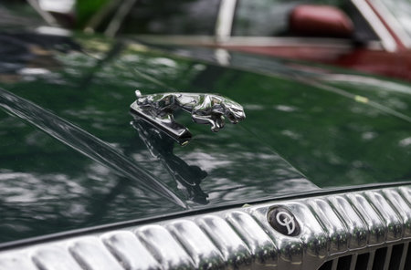MOSCOW, RUSSIA - May 21, 2017. Jaguar emblem and logo on the old car