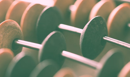 Close-up macro photo of vintage abacus for calculationの写真素材