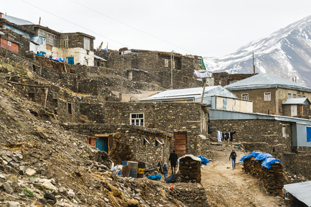Azerbaijan, Khinalig mountain settlement view, houses of local residents. Located high up in the mountains of Quba Rayon, Azerbaijan.のeditorial素材