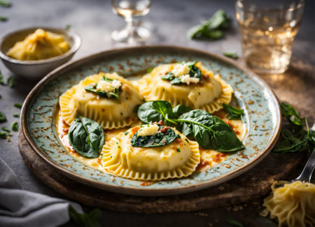 Delicious ravioli on a plate with basilの素材
