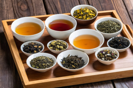 Different types of tea in farvor cups on a trayの素材