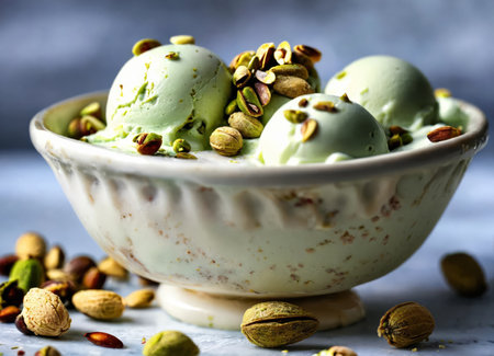 Pistachio ice cream in a ceramic cupの素材