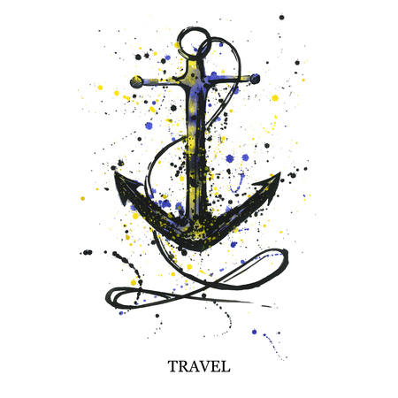 Abstract watercolor illustration of an anchor. Isolate on white background. Summer and travel.のイラスト素材
