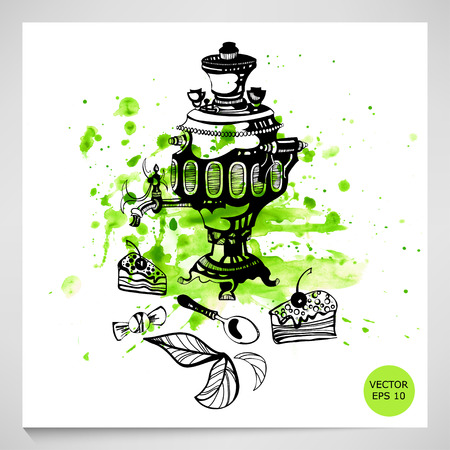 Watercolor illustration of samovar. Isolate on white background.のイラスト素材