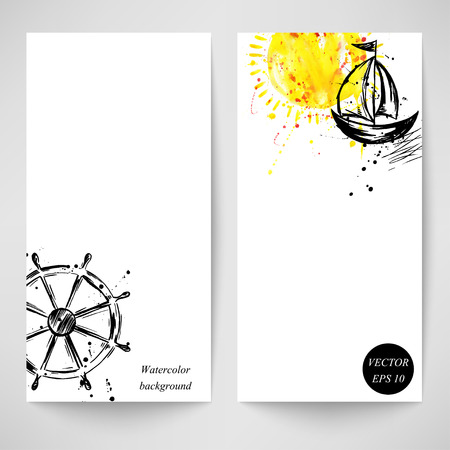 Watercolor abstract vector banner with the steering wheel, ship and the sun. Summer and travelのイラスト素材