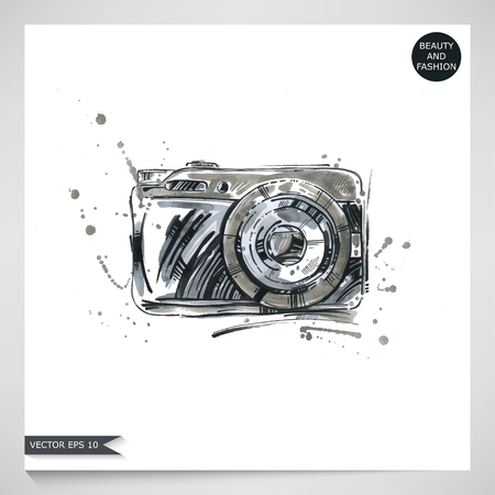 Watercolor illustration of a camera. Summer and travelのイラスト素材