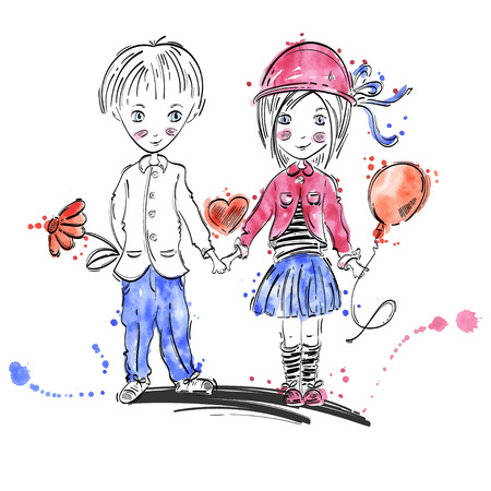 Vector illustration of a boy and a girl. Love. Watercolorのイラスト素材