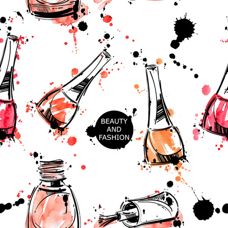 Vector abstract background with nail polish. Watercolor seamless pattern. Fashion illustration. Beauty and fashion.のイラスト素材