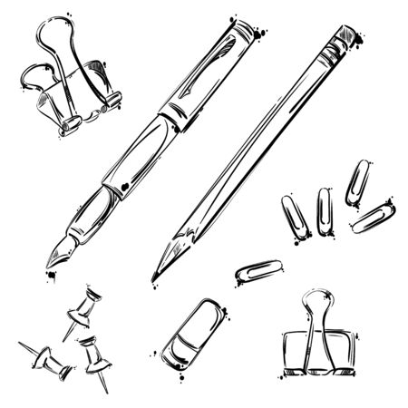 set of working tools: pen, pencil, eraser, paper clip button. Office table. Business. Isolate on white background.のイラスト素材