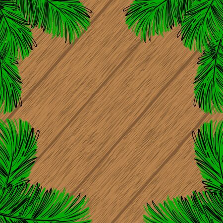 Vector abstract illustration for your design. Christmas. New Year. Celebration. Winter background with fir branches. Top view. Desktop. Wooden texture.のイラスト素材