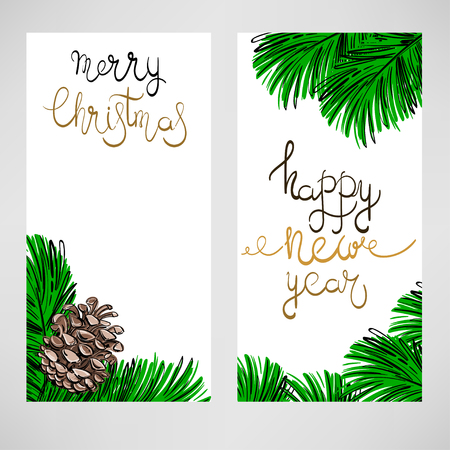Merry Christmas and Happy New Year. Holiday card. Lettering and calligraphy. Vertical banners.のイラスト素材