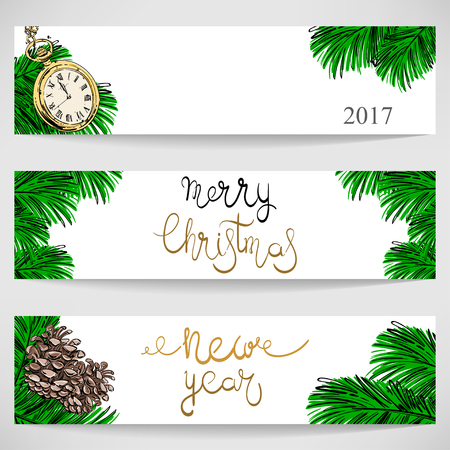 Vector illustration for your design. Merry Christmas and Happy New Year. Holiday card. Lettering and calligraphy. Horizontal banners.のイラスト素材