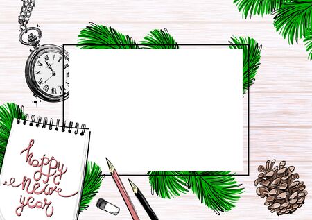 Abstract vector illustration of a desktop. View from above. Merry Christmas and Happy New Year. Celebration. Winter background with fir branches, cones, notebook, pencil, eraser and round pocket watch. Office.のイラスト素材