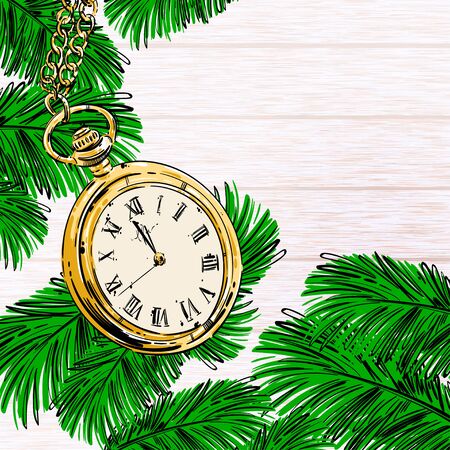 Vector abstract illustration for your design. Christmas. New Year. Celebration. Winter background with fir branches. Top view. Desktop. Wooden texture.のイラスト素材