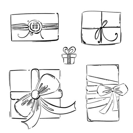 Abstract vector illustration of gifts on a white background. Hand drawing. Isolated.のイラスト素材