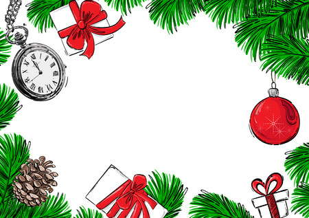 Abstract vector background with fir branches, Christmas ball, pocket watches, fir cones and gifts. Christmas background for your design.のイラスト素材