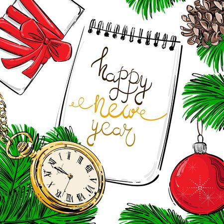 Abstract vector illustration with fir branches, Christmas ball, pocket watches, fir cones, notepad. New Year background for your design.のイラスト素材